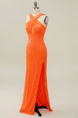 Prom Dresses Burgundy, Orange Sequin Cross Front Mermaid Long Formal Gown