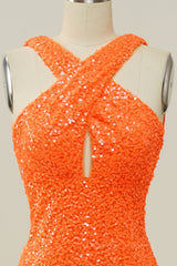 Prom Dresses Yellow, Orange Sequin Cross Front Mermaid Long Formal Gown
