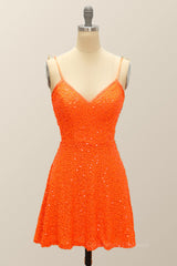 Homecomeing Dresses Blue, Orange Sequin Straps A-line Short Party Dress