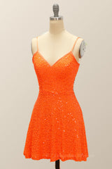 Homecoming Dress Blue, Orange Sequin Straps A-line Short Party Dress
