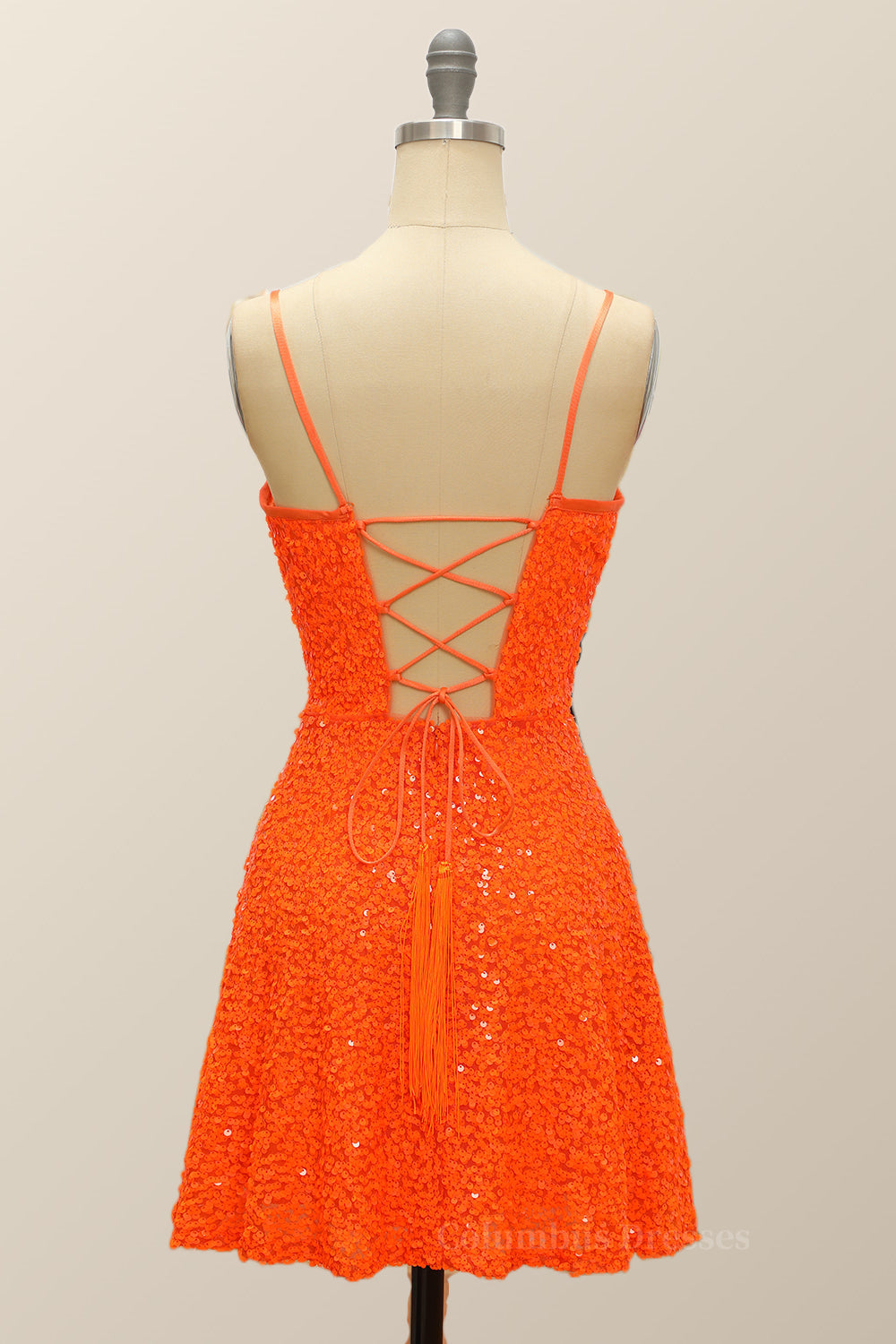 Homecoming Dresses Blues, Orange Sequin Straps A-line Short Party Dress