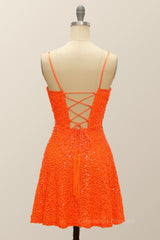 Homecoming Dresses Blues, Orange Sequin Straps A-line Short Party Dress