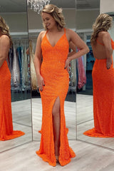 Orange Sequins Backless Prom Dress with Slit