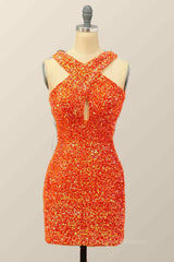 Night Dress, Orange Sheath Halter Sequins Cut-Out Mini Homecoming Dress