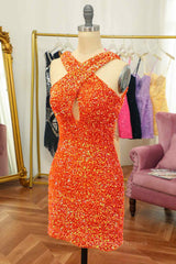 Black Formal Dress, Orange Sheath Halter Sequins Cut-Out Mini Homecoming Dress