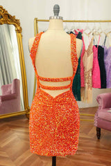Long Sleeve Prom Dress, Orange Sheath Halter Sequins Cut-Out Mini Homecoming Dress