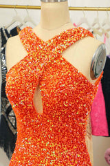 Slip Dress Outfit, Orange Sheath Halter Sequins Cut-Out Mini Homecoming Dress