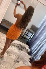 Orange Short Tight Homecoming Dress with Lace Beading