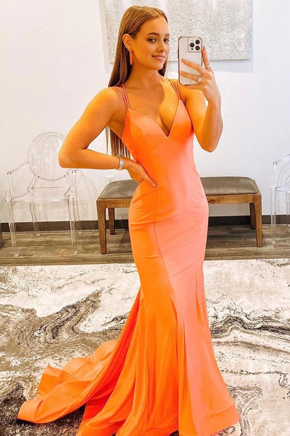 Orange Spaghetti Straps Blackless Mermaid Prom Dress