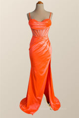 Party Dress Designer, Orange Spaghetti Straps Mermaid Long Formal Dress