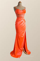 Party Dresses Design, Orange Spaghetti Straps Mermaid Long Formal Dress