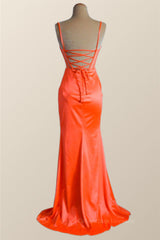 Party Dresses Designs, Orange Spaghetti Straps Mermaid Long Formal Dress