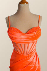 Party Dresses Teens, Orange Spaghetti Straps Mermaid Long Formal Dress
