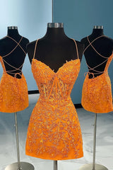 Orange Spaghetti Straps Tight Short Homecoming Dress with Appliques