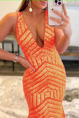 Orange Sparkly Deep V Neck Sequin Mermaid Prom Dress