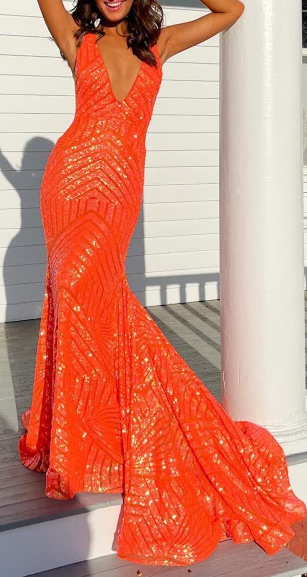 Orange Sparkly Deep V Neck Sequin Mermaid Prom Dress