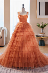 Bridesmaid Dresses Inspiration, Orange Straps Detachable Illusion Sleeves Multi-Layers Maxi Formal Dress