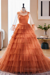Bridesmaid Dress Inspiration, Orange Straps Detachable Illusion Sleeves Multi-Layers Maxi Formal Dress