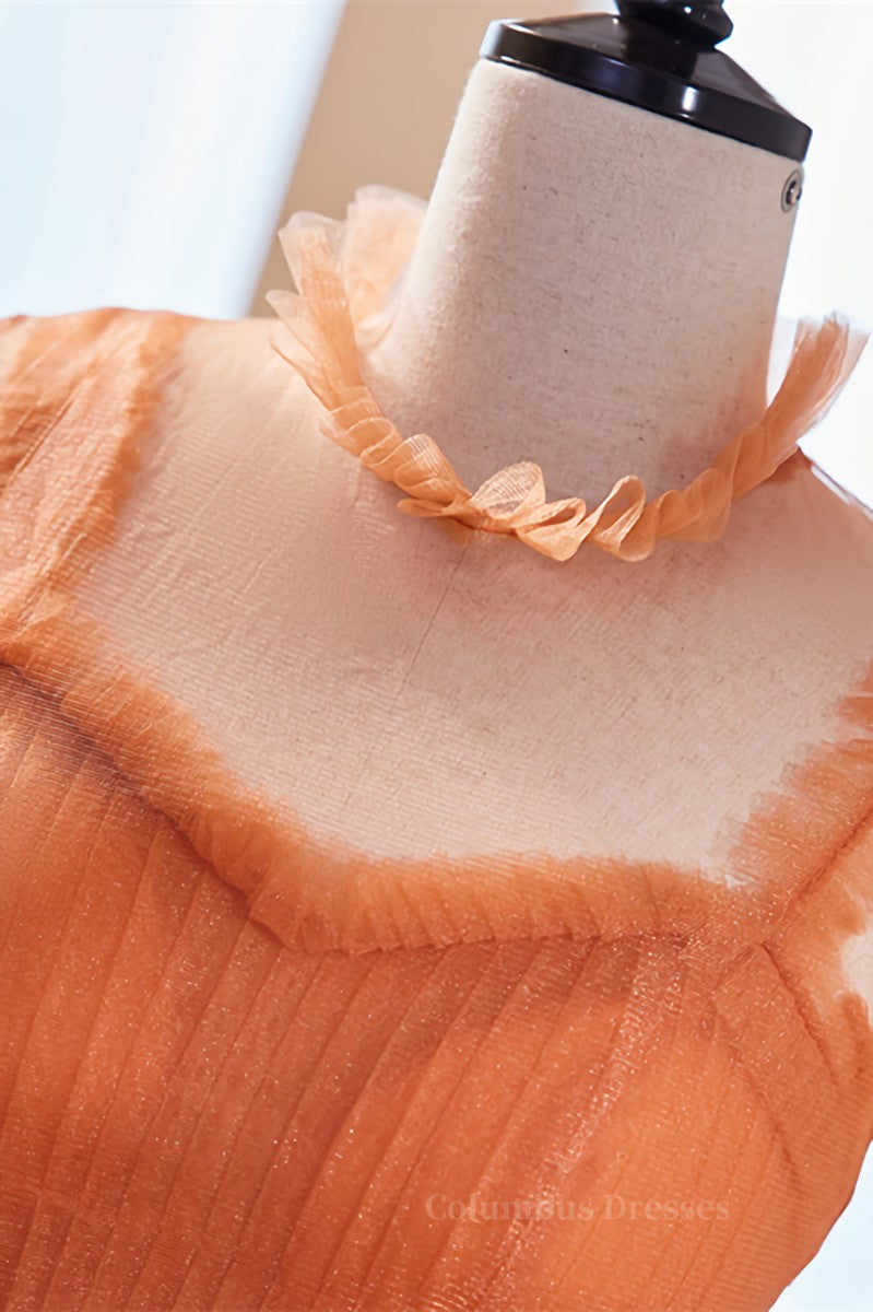 Bridesmaid Dress Idea, Orange Straps Detachable Illusion Sleeves Multi-Layers Maxi Formal Dress