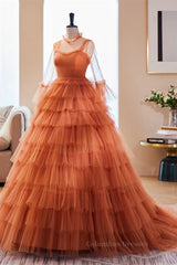 Bridesmaids Dresses Ideas, Orange Straps Detachable Illusion Sleeves Multi-Layers Maxi Formal Dress