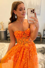 Orange Sweetheart Long Prom Dress with Appliques