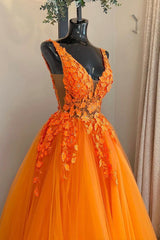 Prom Dress A Line, Orange V-Neck Tulle Lace Long Prom Dress, A-Line Backless Evening Dress