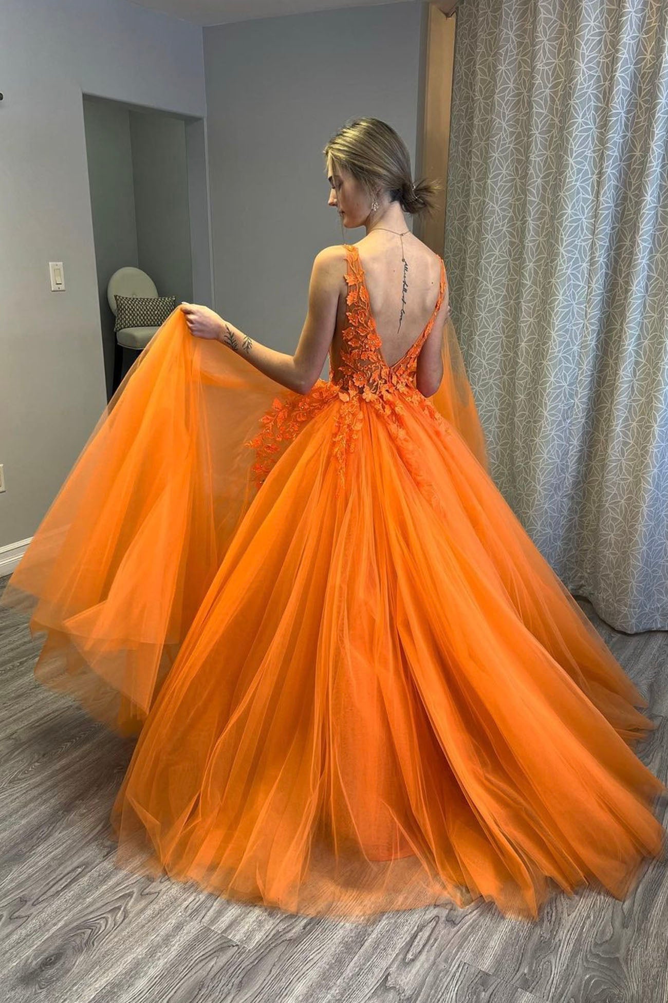 Prom Dressed A Line, Orange V-Neck Tulle Lace Long Prom Dress, A-Line Backless Evening Dress
