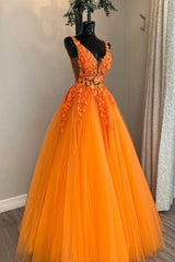 Prom Dress Spring, Orange V-Neck Tulle Lace Long Prom Dress, A-Line Backless Evening Dress