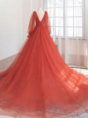 Homecomming Dresses Short, Orange v neck tulle long prom dress, orange evening dress
