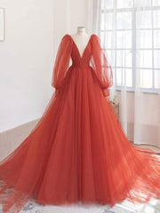 Homecoming Dresses Elegant, Orange v neck tulle long prom dress, orange evening dress