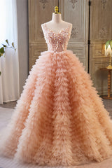 Party Dresses Outfit, Orange pink Sequined A-line Multi-Layers Slip Long Prom Dress