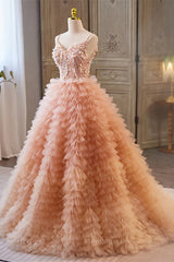 Party Dresses Outfits, Orange pink Sequined A-line Multi-Layers Slip Long Prom Dress