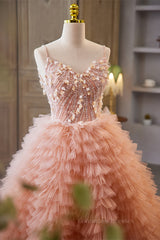 Party Dress Shop, Orange pink Sequined A-line Multi-Layers Slip Long Prom Dress