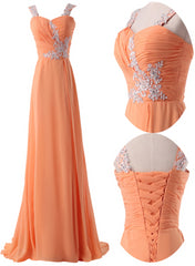 Party Dress, Organge Chiffon Straps Lace Applique A-line Long Prom Dress, Orange Formal Dress Evening Dress