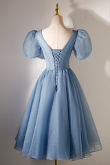 Prom Dressed Short, A-line V-neck Sequins Short Prom Dress, Blue Short Sleeve Evening Dress