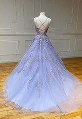 Evening Dresses Modest, Purple Lace Long Prom Dresses, A-Line Backless Evening Dresses