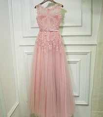 Party Dress For Teen, Pink Lace Tulle Long A Line Prom Dress, Pink Evening Dress, 1