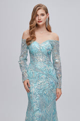 Party Dress Vintage, Pastel Blue Sparkly Embroidery Long Sleeve Mermaid Evening Dresses