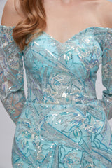 Party Dressed Short, Pastel Blue Sparkly Embroidery Long Sleeve Mermaid Evening Dresses