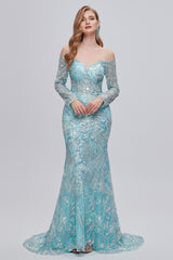 Party Dresses Classy, Pastel Blue Sparkly Embroidery Long Sleeve Mermaid Evening Dresses