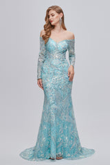 Party Dress Inspo, Pastel Blue Sparkly Embroidery Long Sleeve Mermaid Evening Dresses