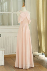 Prom Dress With Pocket, Peach Chiffon Long Mismatched Bridesmaid Dresses