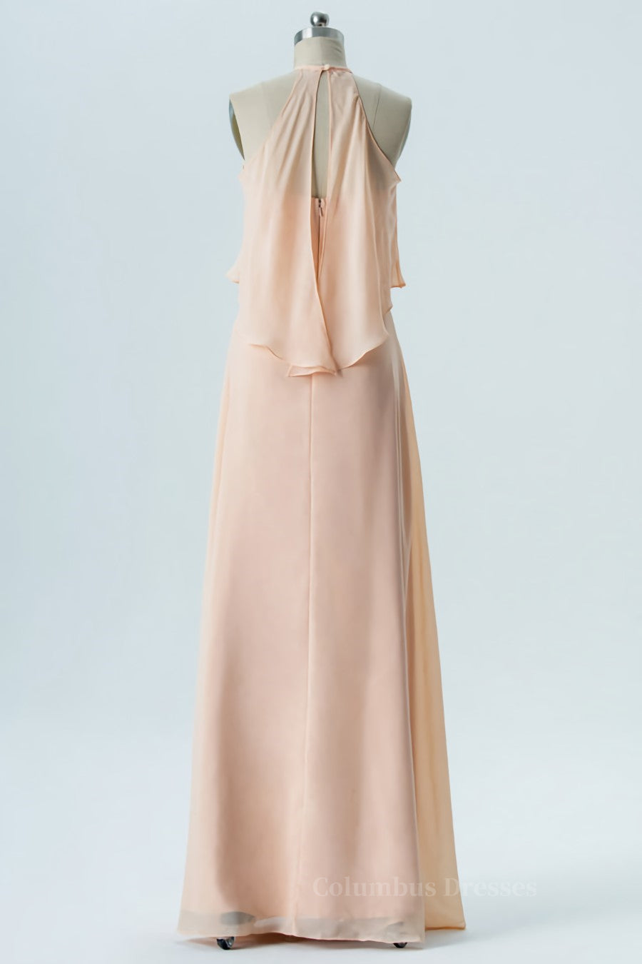 Wedding Decor, Peach Jewel Chiffon Flounce Chiffon A-line Long Bridesmaid Dress