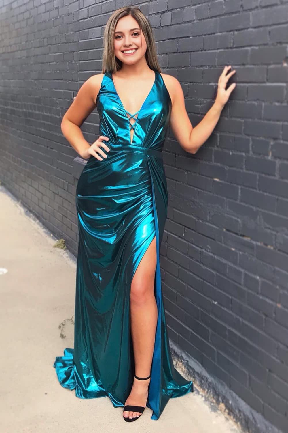 Peacock Blue Long Prom Dress With Criss Cross Back
