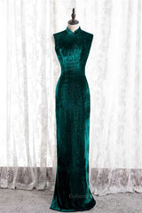 Formal Dress Off The Shoulder, Peacock High Neck Mermaid Sleeveless Velvet Long Formal Dress with Slit