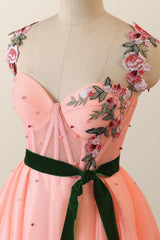 Bridesmaid Dresses Fall Color, Coral Floral Embroidered Corset Long Formal Dress