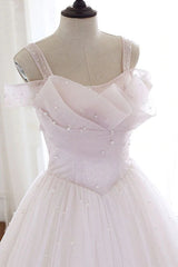 Formal Dresses Over 61, Pearl Pink Straps A Line Tulle Long Prom Dress with Pearls, Long Formal Gown