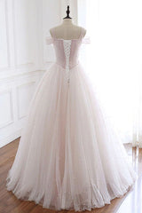 Formal Dresses Wedding Guest, Pearl Pink Straps A Line Tulle Long Prom Dress with Pearls, Long Formal Gown