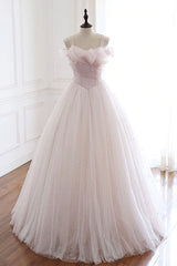 Formal Dress To Attend Wedding, Pearl Pink Straps A Line Tulle Long Prom Dress with Pearls, Long Formal Gown