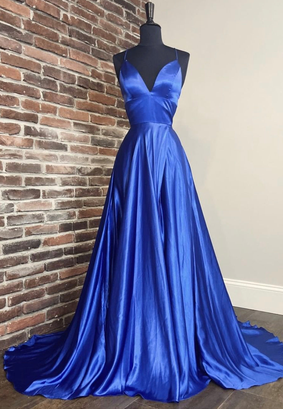 Formal Dress Online, Blue V-Neck Satin Long Prom Dresses, Simple Evening Dresses